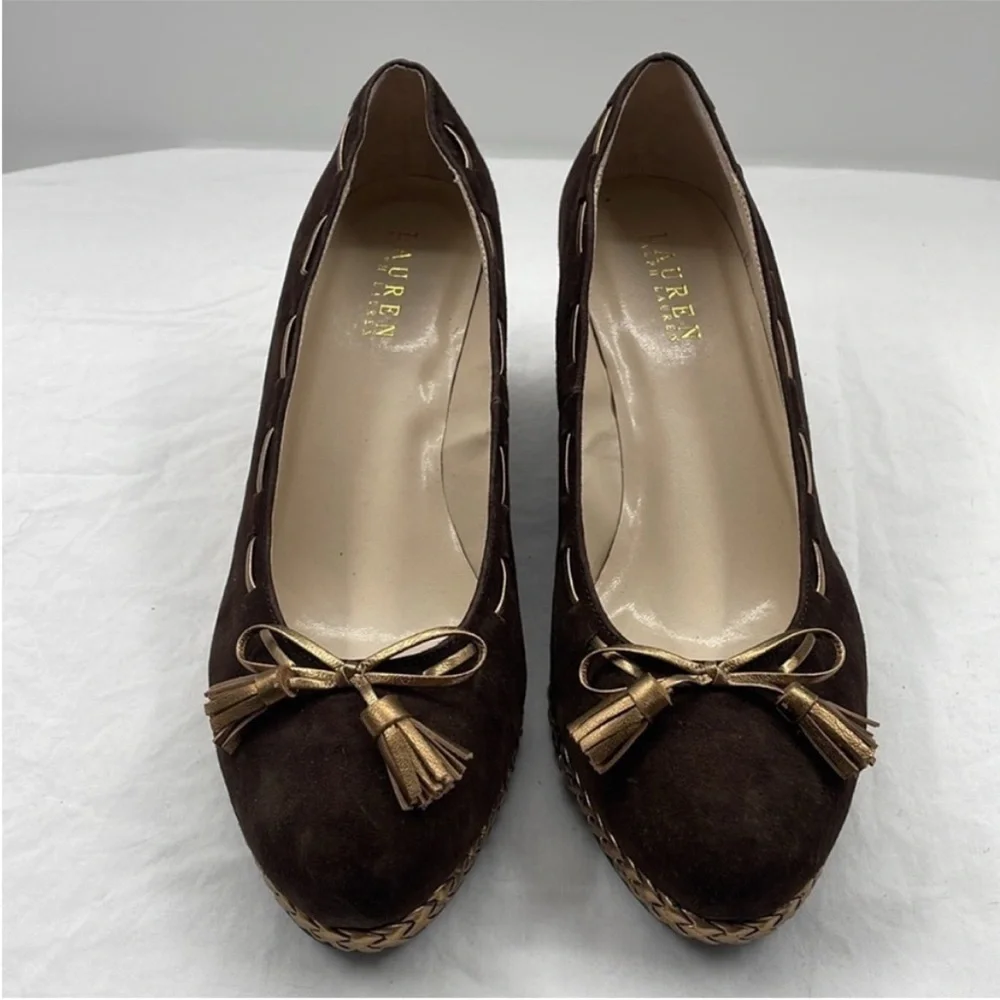 NEW! Lauren Ralph Lauren Cambree Suede Metallic Taupe Wedges. 9.5B.